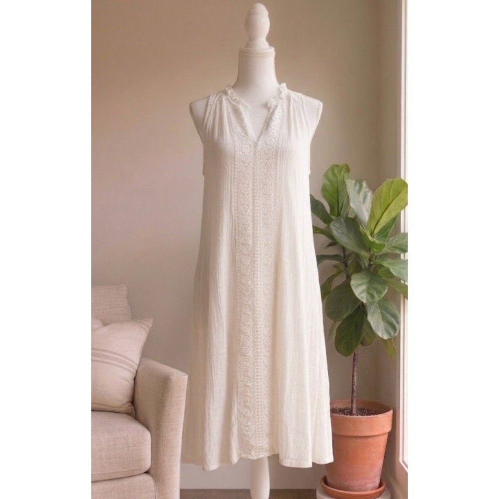 Indigo Rose Midi Dress Large White Crochet Lace Trim Sleeveless Gauze Boho Beach